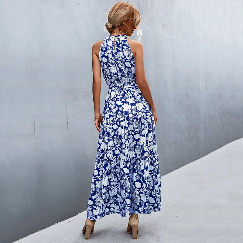 Summer Holiday Flower Printed Folds Blue Dress Beach Casual Neck-mounted Bandage Elegant Party Long Dress