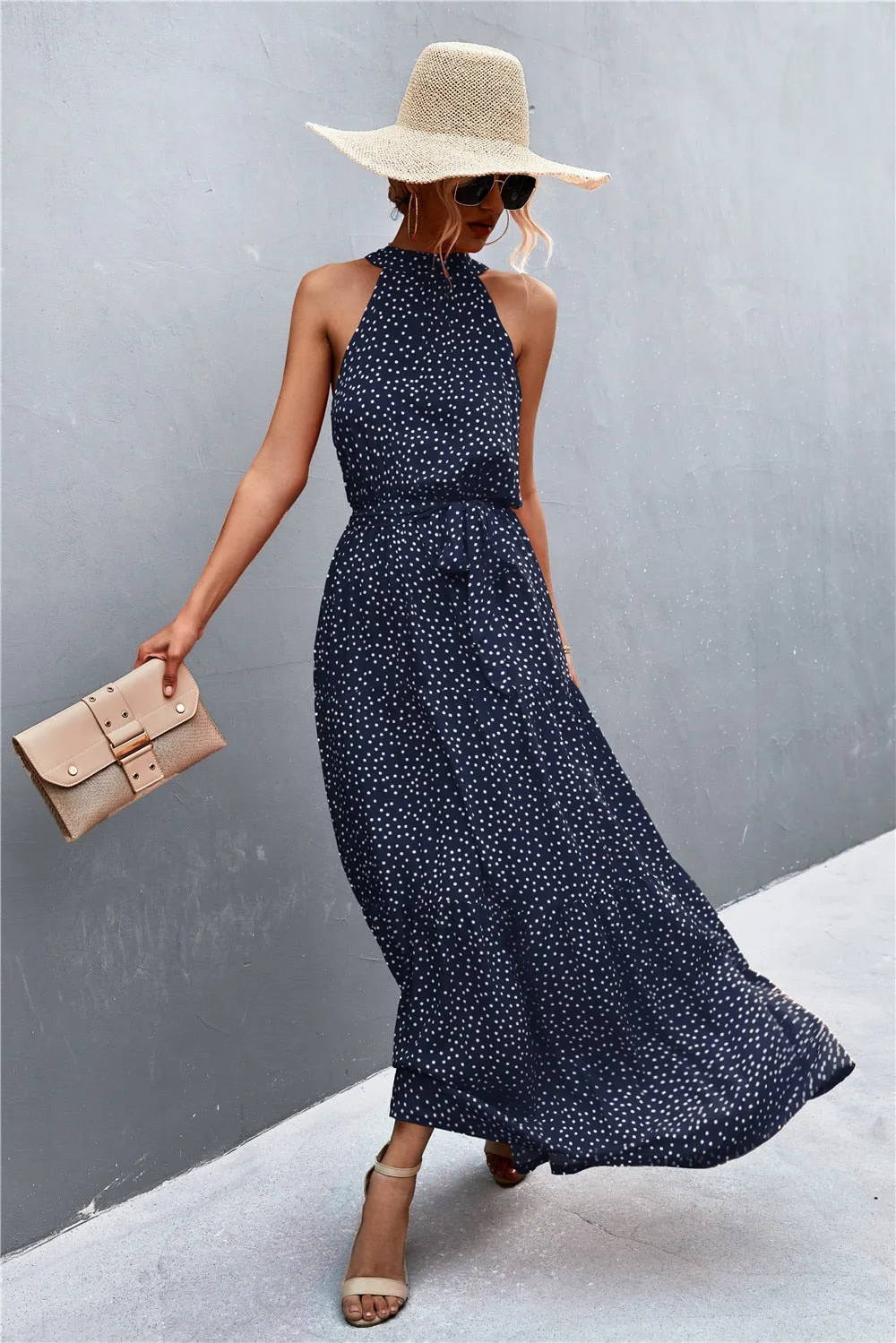 Summer Holiday Flower Printed Folds Blue Dress Beach Casual Neck-mounted Bandage Elegant Party Long Dress