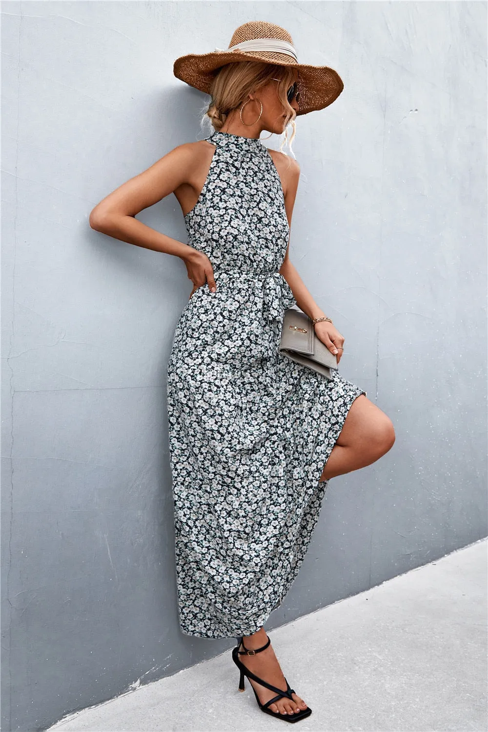 Summer Holiday Flower Printed Folds Blue Dress Beach Casual Neck-mounted Bandage Elegant Party Long Dress