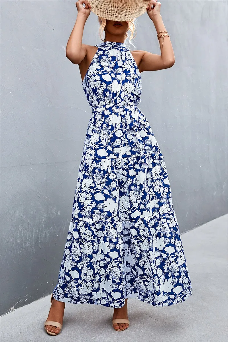 Summer Holiday Flower Printed Folds Blue Dress Beach Casual Neck-mounted Bandage Elegant Party Long Dress