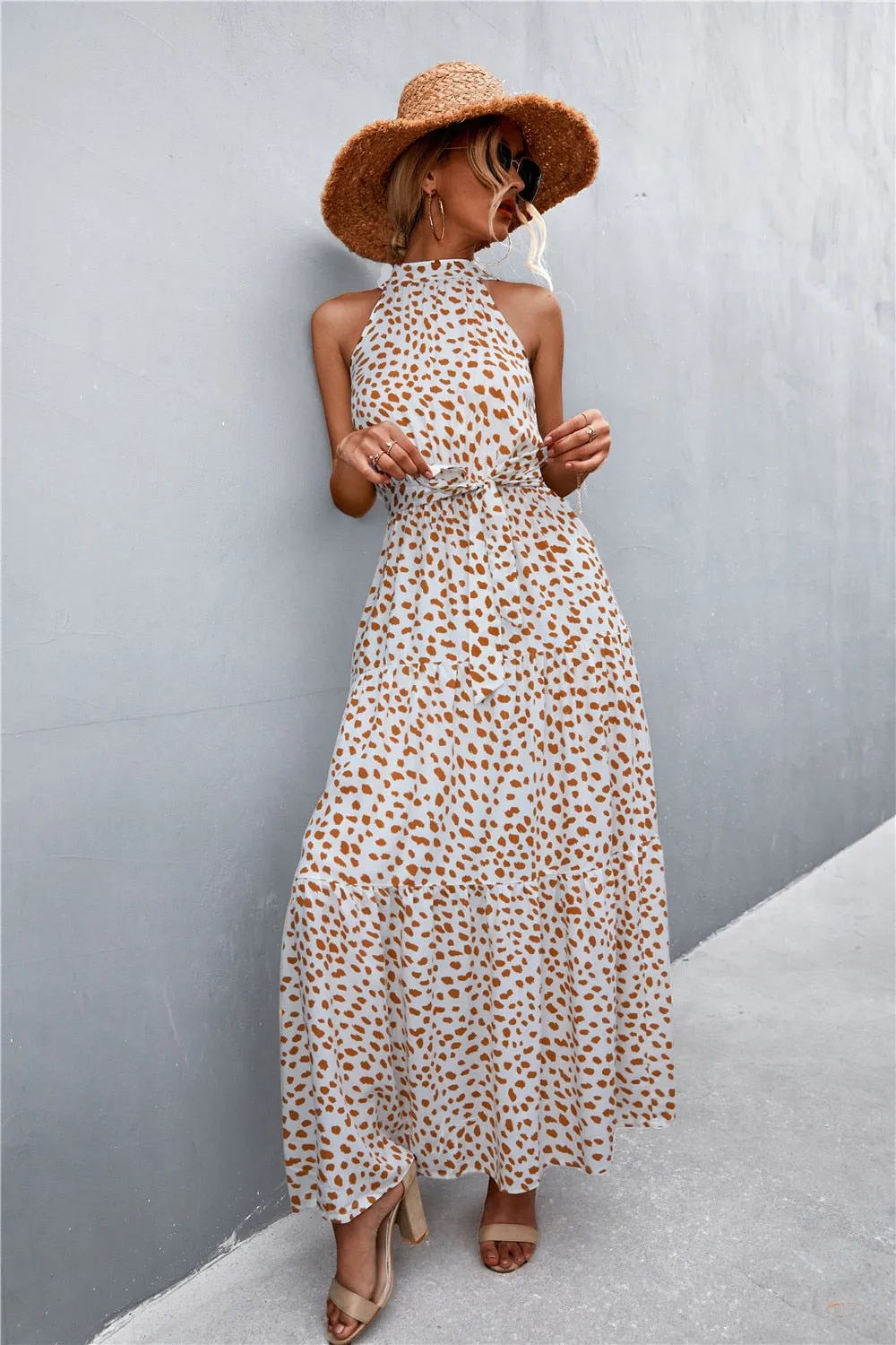 Summer Holiday Flower Printed Folds Blue Dress Beach Casual Neck-mounted Bandage Elegant Party Long Dress