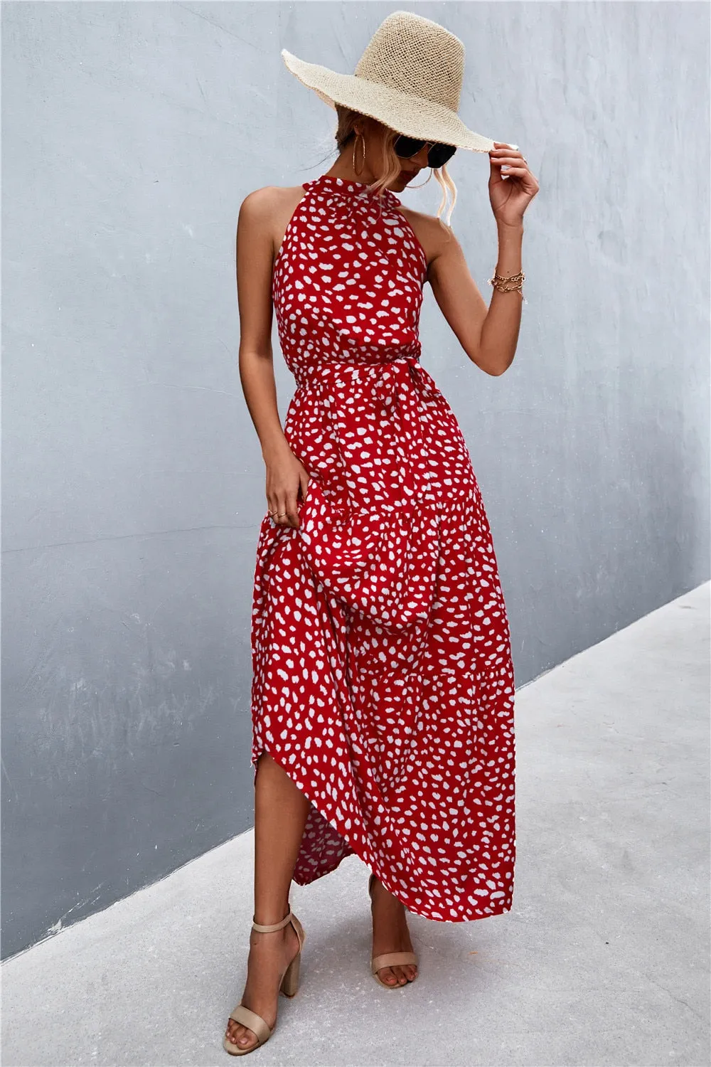 Summer Holiday Flower Printed Folds Blue Dress Beach Casual Neck-mounted Bandage Elegant Party Long Dress