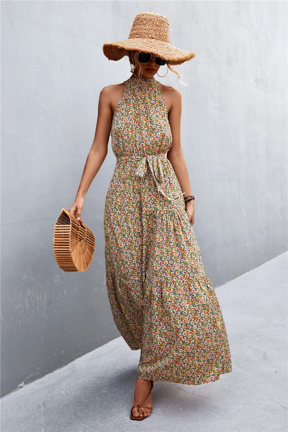 Summer Holiday Flower Printed Folds Blue Dress Beach Casual Neck-mounted Bandage Elegant Party Long Dress