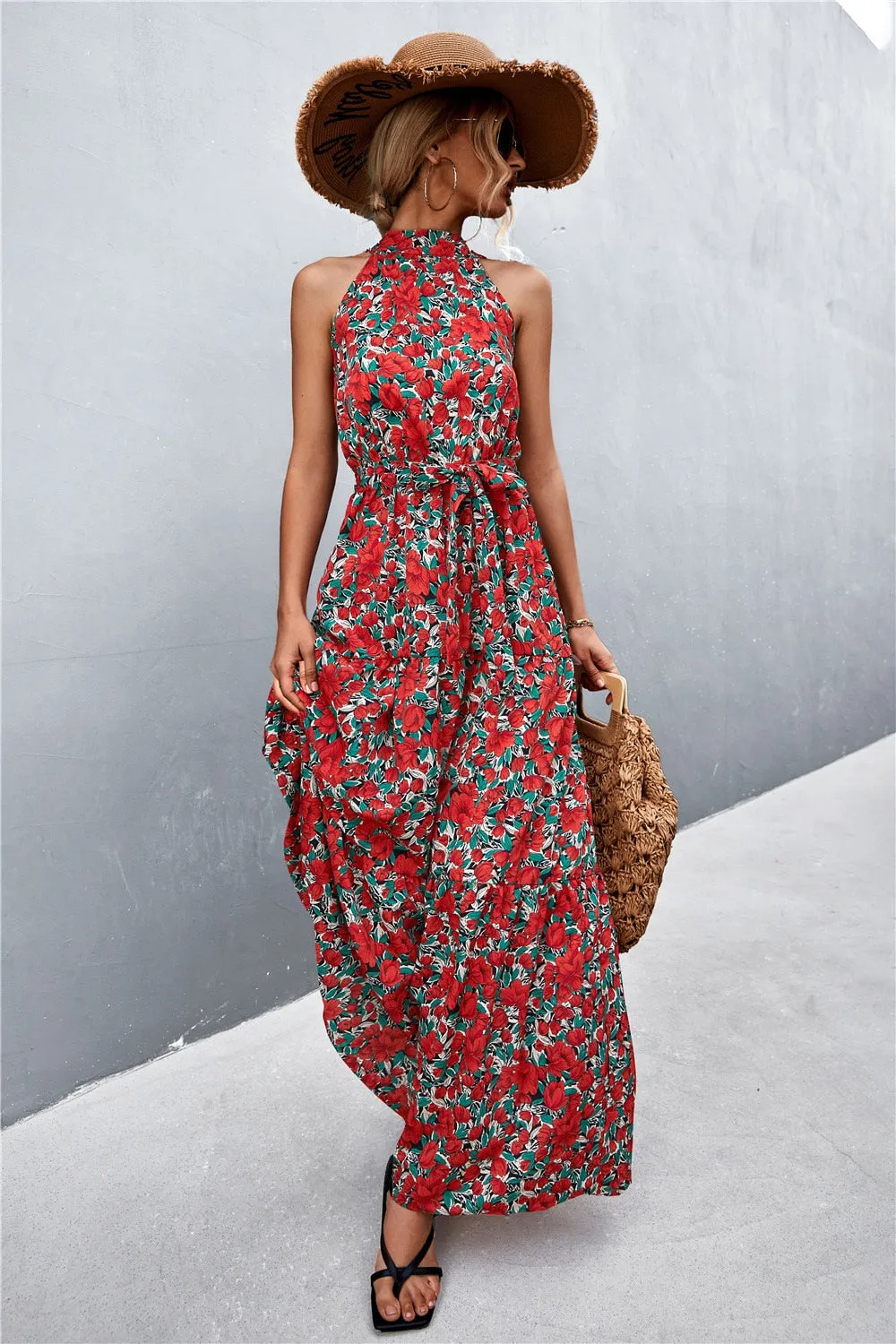 Summer Holiday Flower Printed Folds Blue Dress Beach Casual Neck-mounted Bandage Elegant Party Long Dress