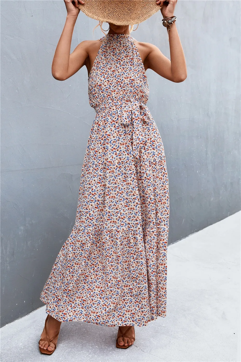 Summer Holiday Flower Printed Folds Blue Dress Beach Casual Neck-mounted Bandage Elegant Party Long Dress