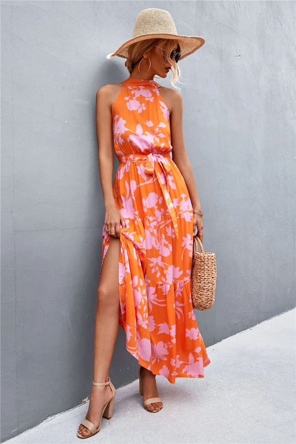 Summer Holiday Flower Printed Folds Blue Dress Beach Casual Neck-mounted Bandage Elegant Party Long Dress