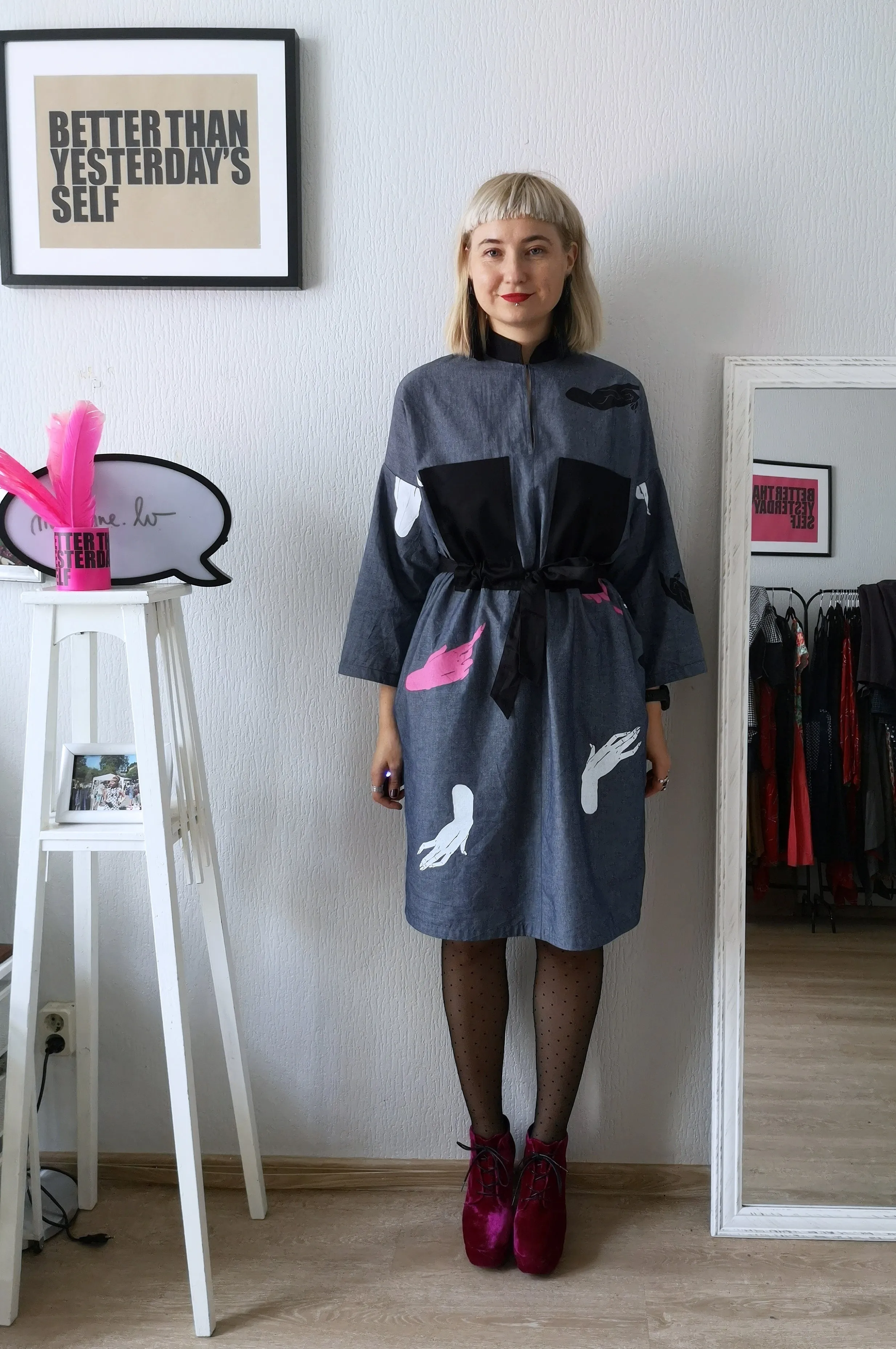 Super Special Hand Screenprinted from Original Dawings by Artist Sabine Vekmane Dark Grey Cotton Oversized Shirt Dress with Oversized Black Ornamental Block Pockets in Front, Black  Fabric Belt and Invisible Side Pockets