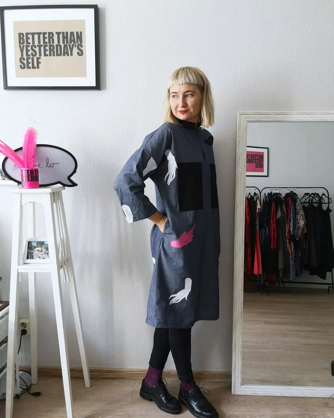 Super Special Hand Screenprinted from Original Dawings by Artist Sabine Vekmane Dark Grey Cotton Oversized Shirt Dress with Oversized Black Ornamental Block Pockets in Front, Black  Fabric Belt and Invisible Side Pockets