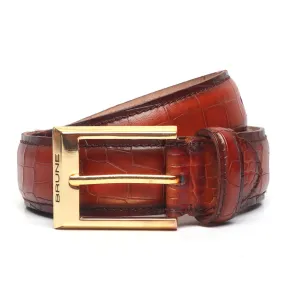 Tan Croco With Golden Square Buckle Hand Painted Leather Formal Belt By Brune & Bareskin