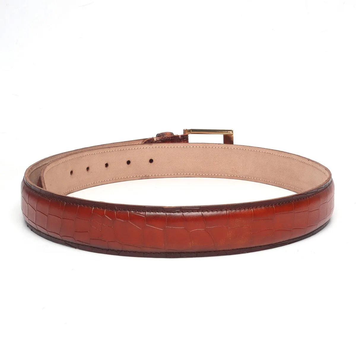 Tan Croco With Golden Square Buckle Hand Painted Leather Formal Belt By Brune & Bareskin