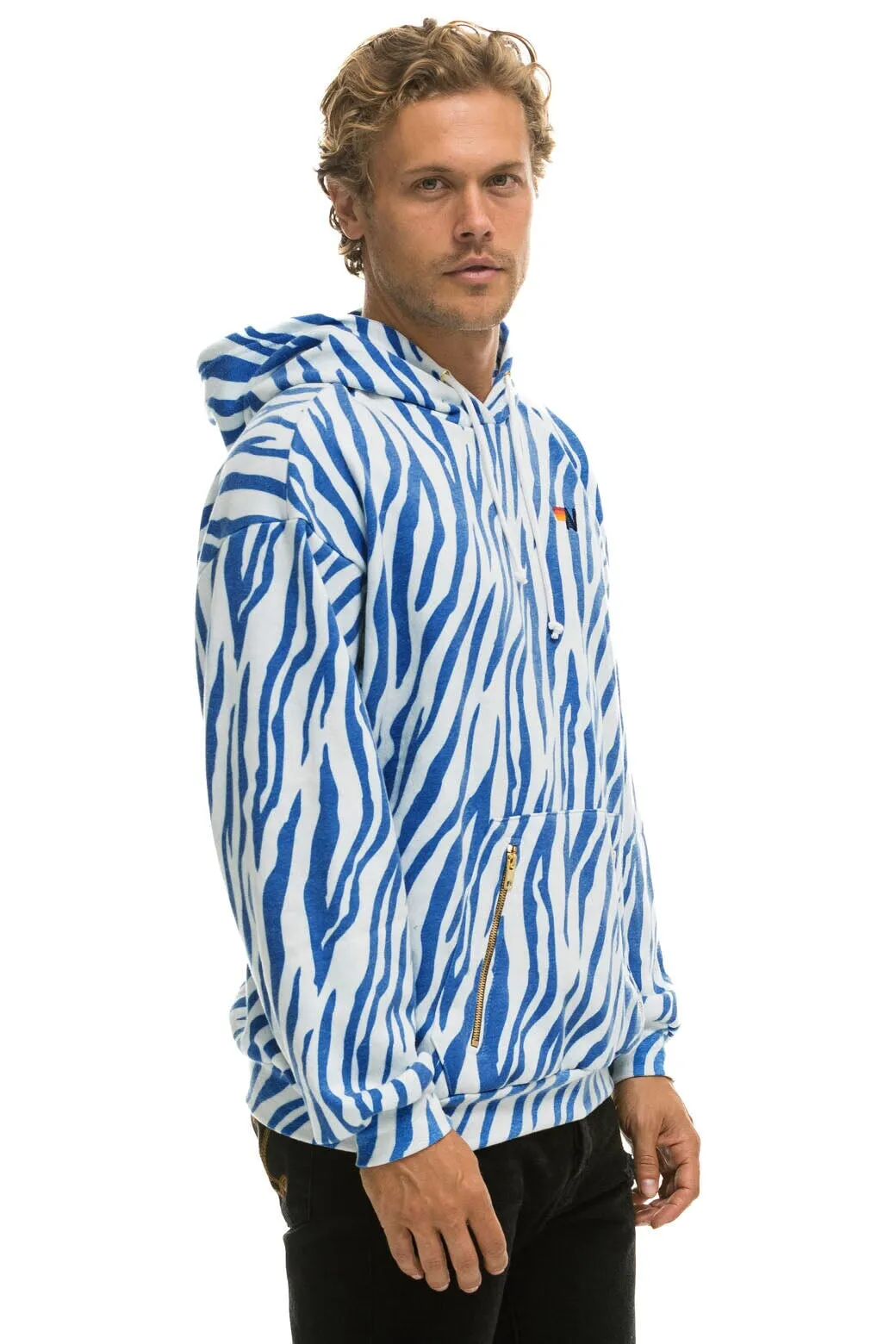 TIGER RELAXED PULLOVER HOODIE WITH ZIPPER POCKETS - BLUE TIGER