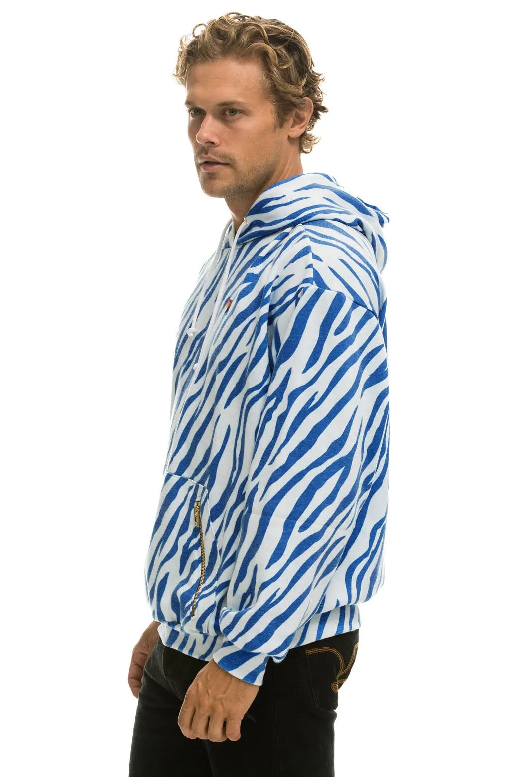 TIGER RELAXED PULLOVER HOODIE WITH ZIPPER POCKETS - BLUE TIGER