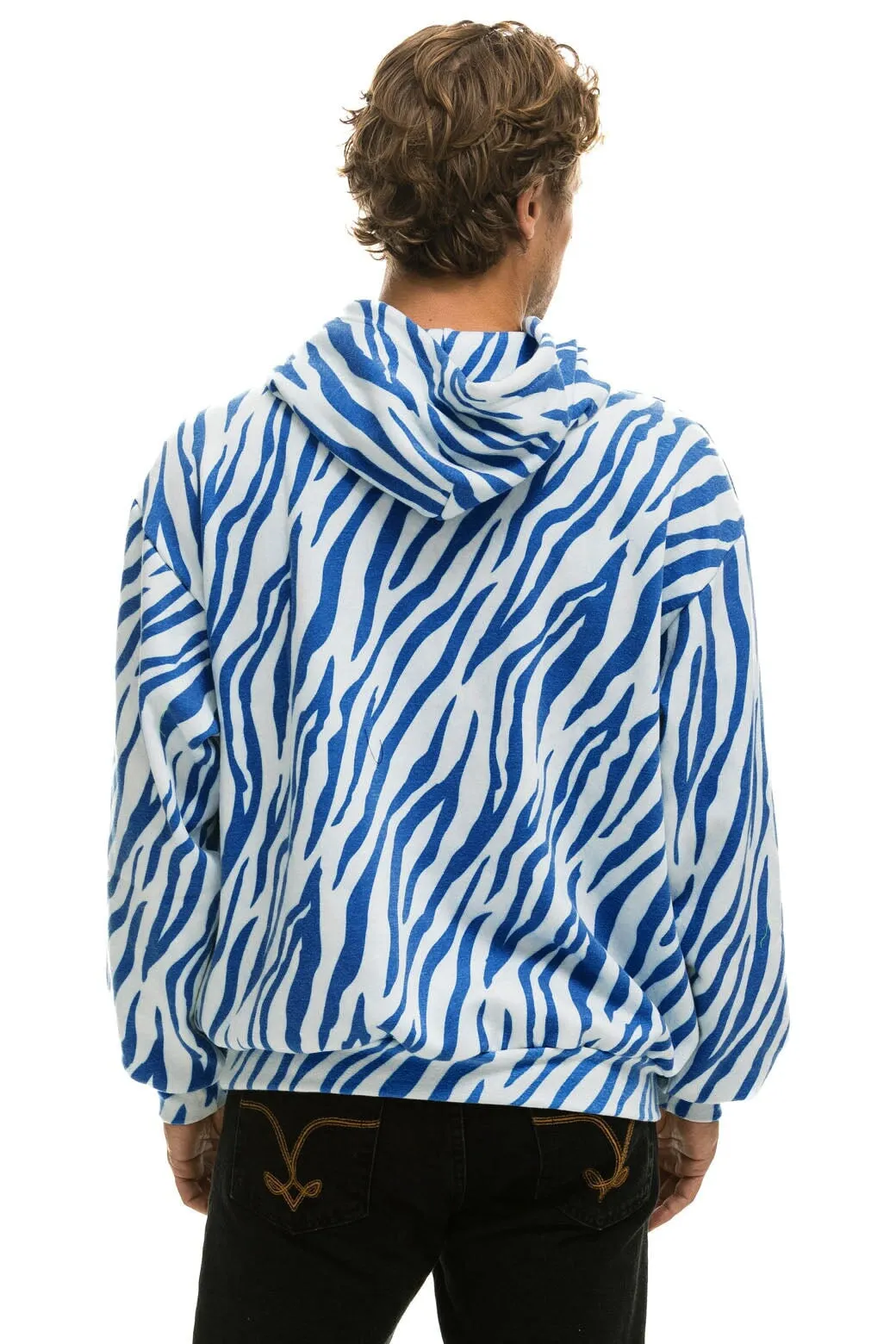 TIGER RELAXED PULLOVER HOODIE WITH ZIPPER POCKETS - BLUE TIGER