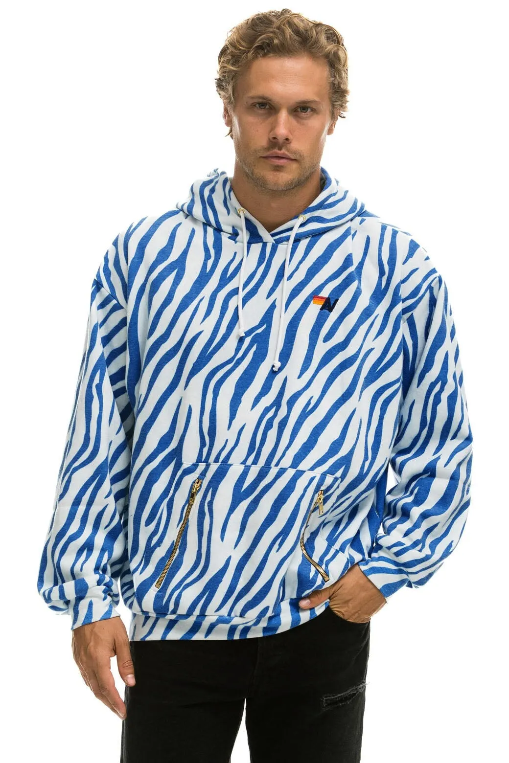 TIGER RELAXED PULLOVER HOODIE WITH ZIPPER POCKETS - BLUE TIGER