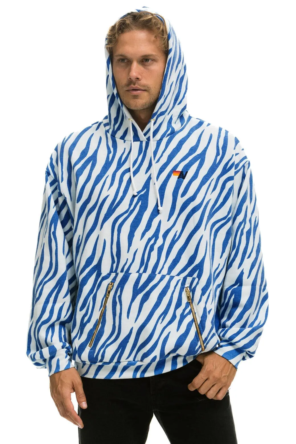 TIGER RELAXED PULLOVER HOODIE WITH ZIPPER POCKETS - BLUE TIGER