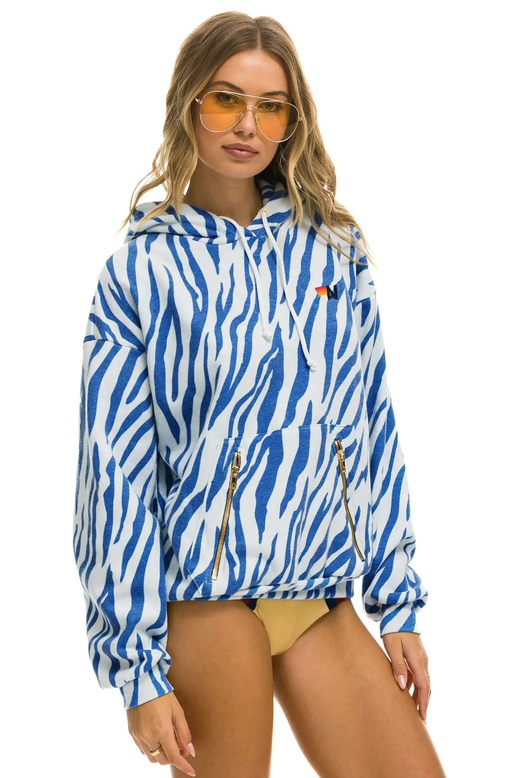 TIGER RELAXED PULLOVER HOODIE WITH ZIPPER POCKETS - BLUE TIGER