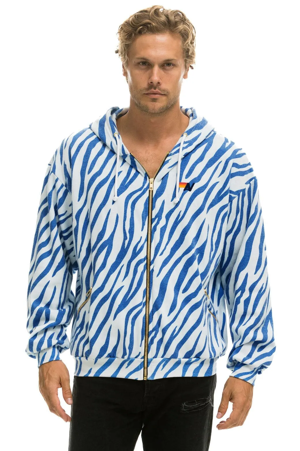 TIGER RELAXED ZIP HOODIE WITH POCKETS - BLUE TIGER