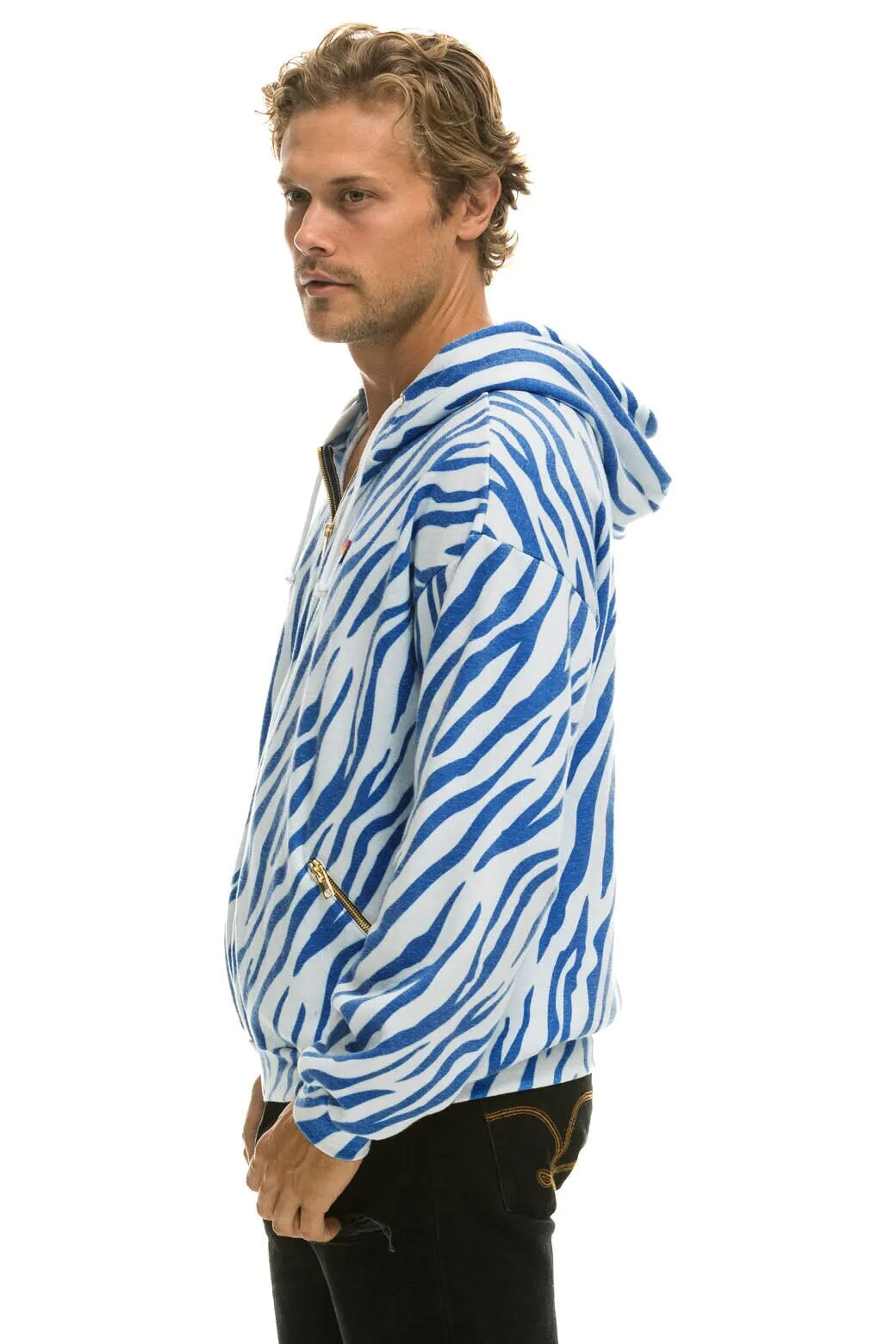 TIGER RELAXED ZIP HOODIE WITH POCKETS - BLUE TIGER