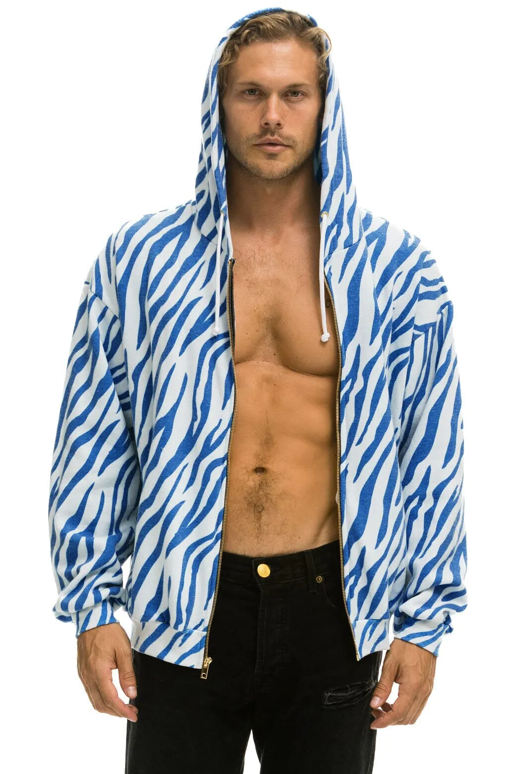 TIGER RELAXED ZIP HOODIE WITH POCKETS - BLUE TIGER