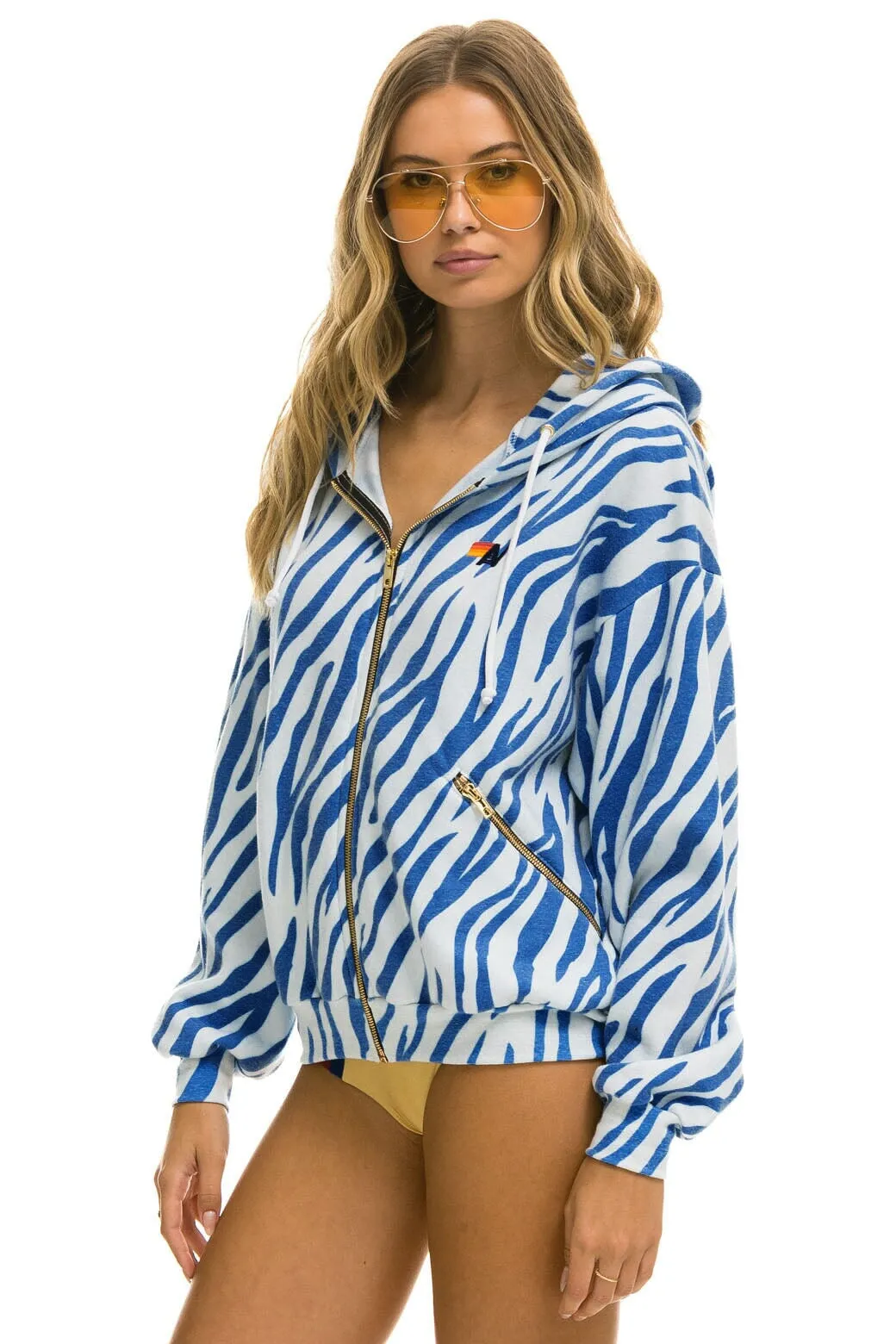 TIGER RELAXED ZIP HOODIE WITH POCKETS - BLUE TIGER