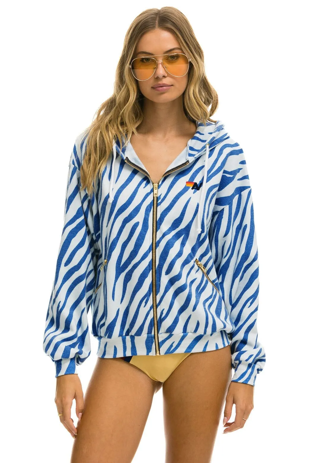 TIGER RELAXED ZIP HOODIE WITH POCKETS - BLUE TIGER