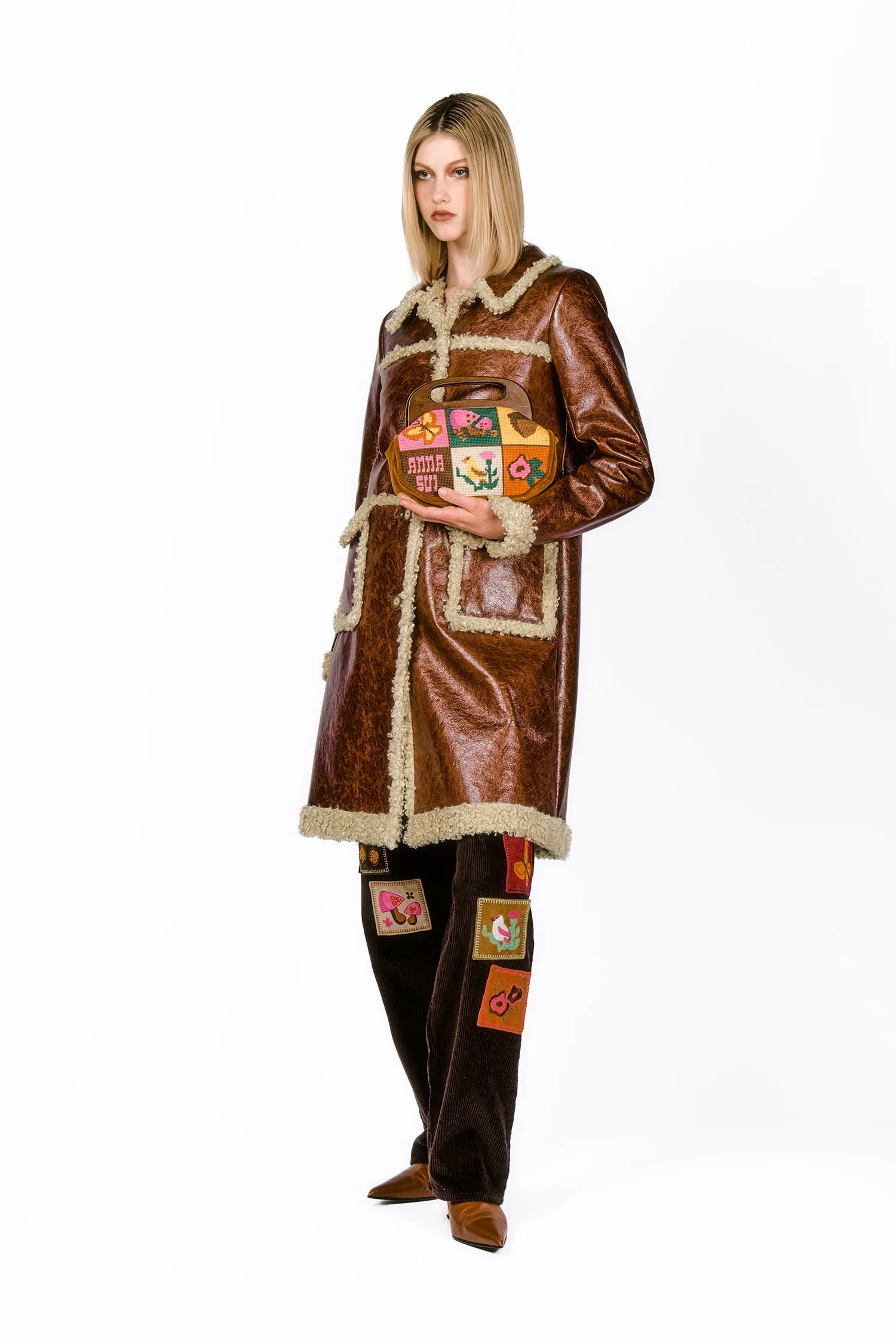 Tobacco Faux Leather with Curly Lamb Trim Coat