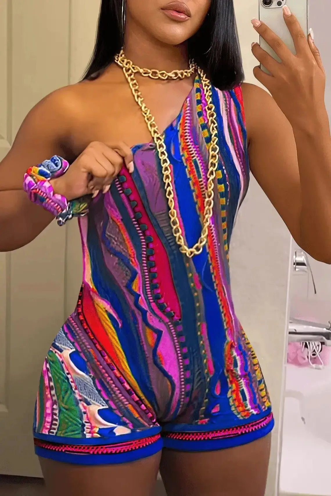 Trendy Multicolor One Shoulder Sleeveless Romper