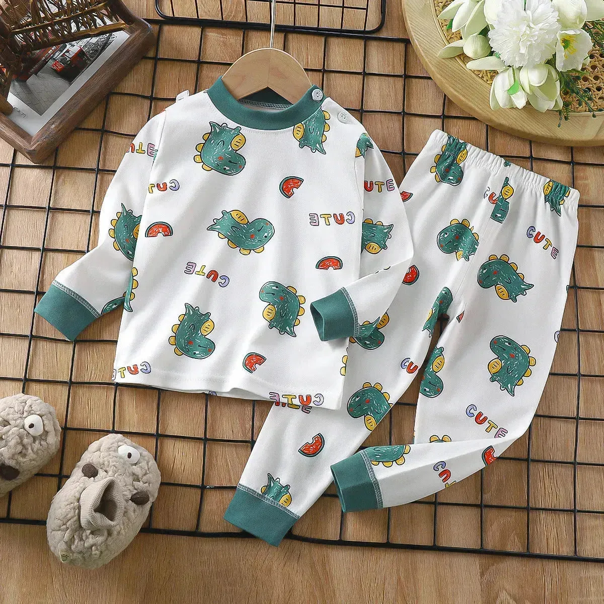 Unisex Children's Two piece Sleepwear Cotton Autumn Clothes Long Johns Pajamas for Kids