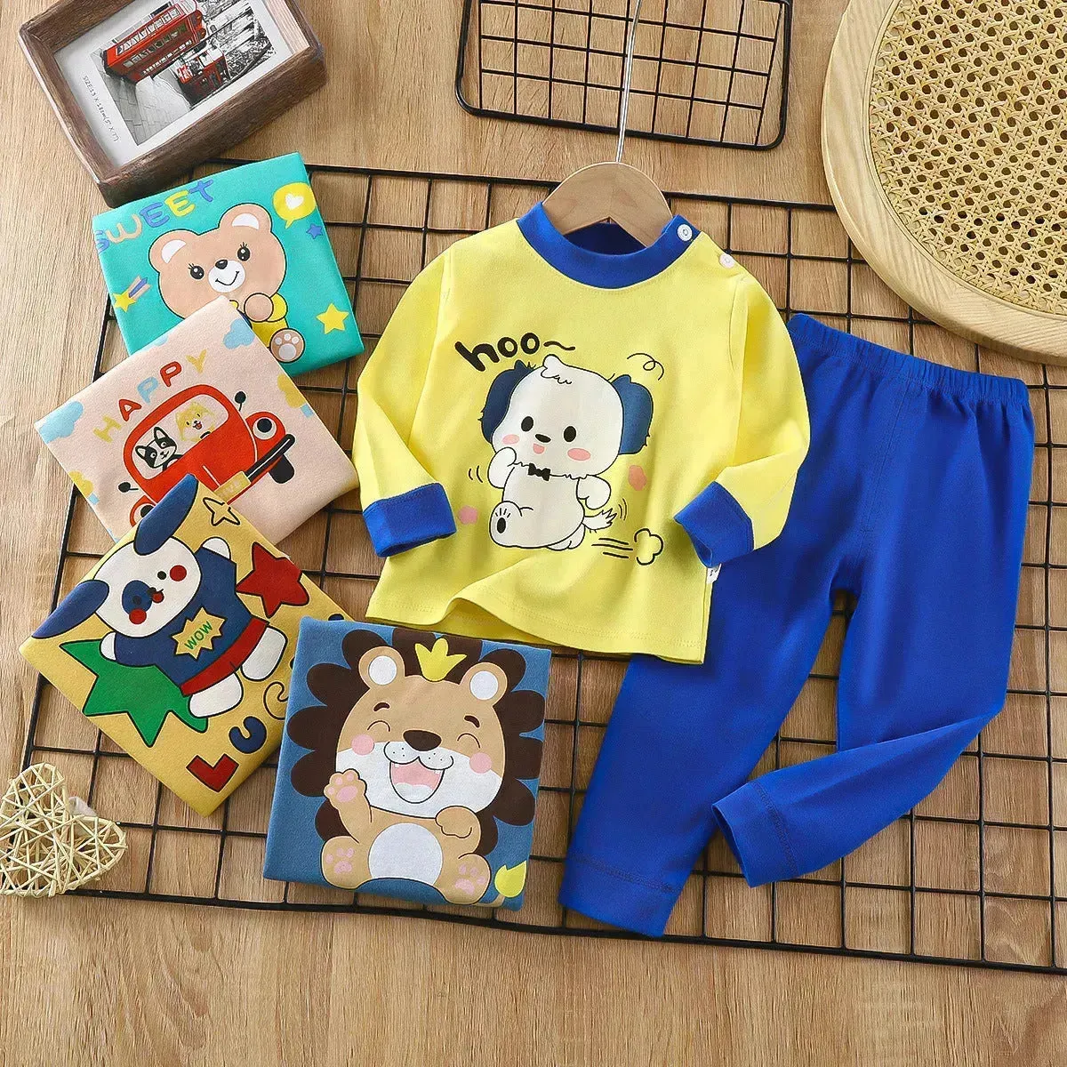 Unisex Children's Two piece Sleepwear Cotton Autumn Clothes Long Johns Pajamas for Kids