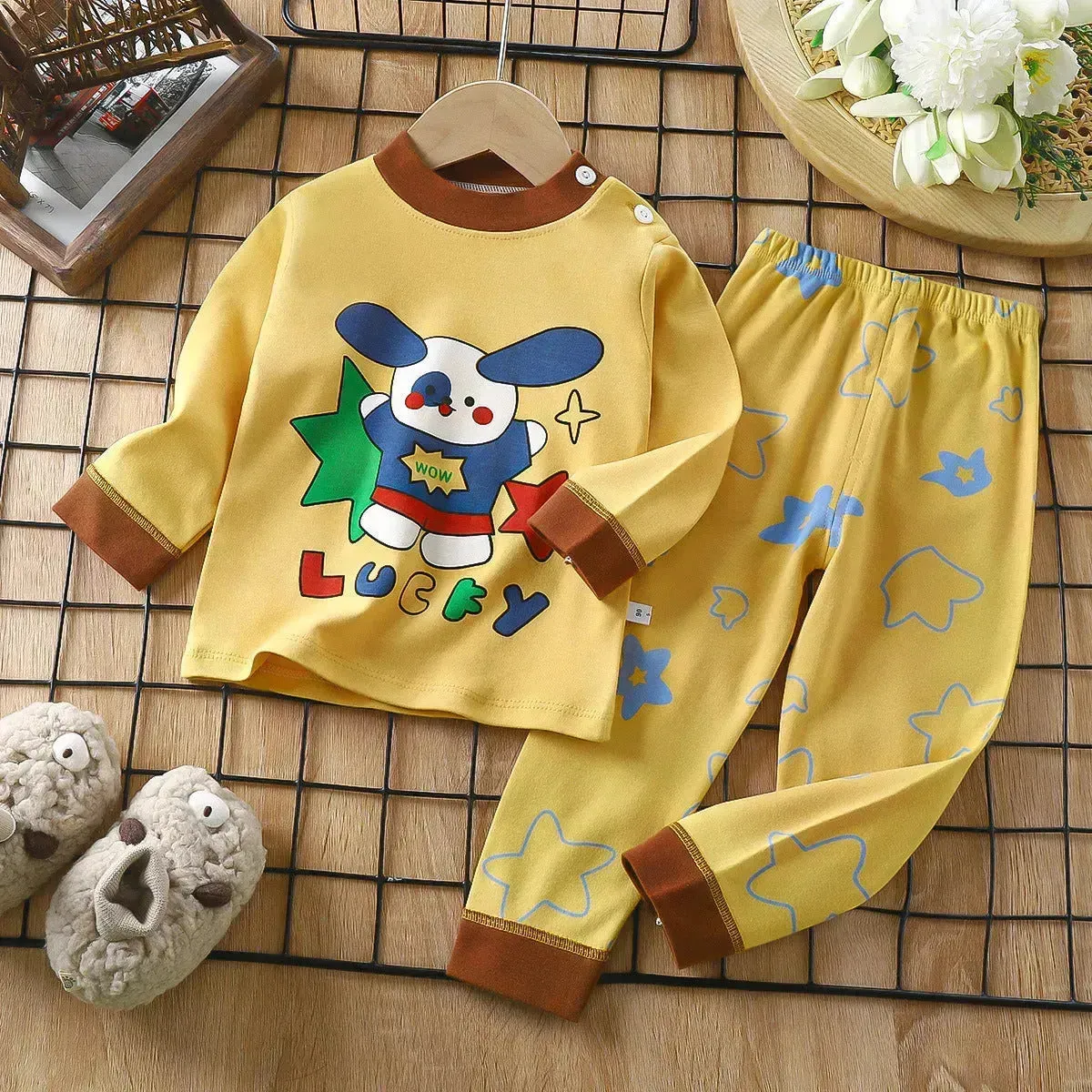 Unisex Children's Two piece Sleepwear Cotton Autumn Clothes Long Johns Pajamas for Kids