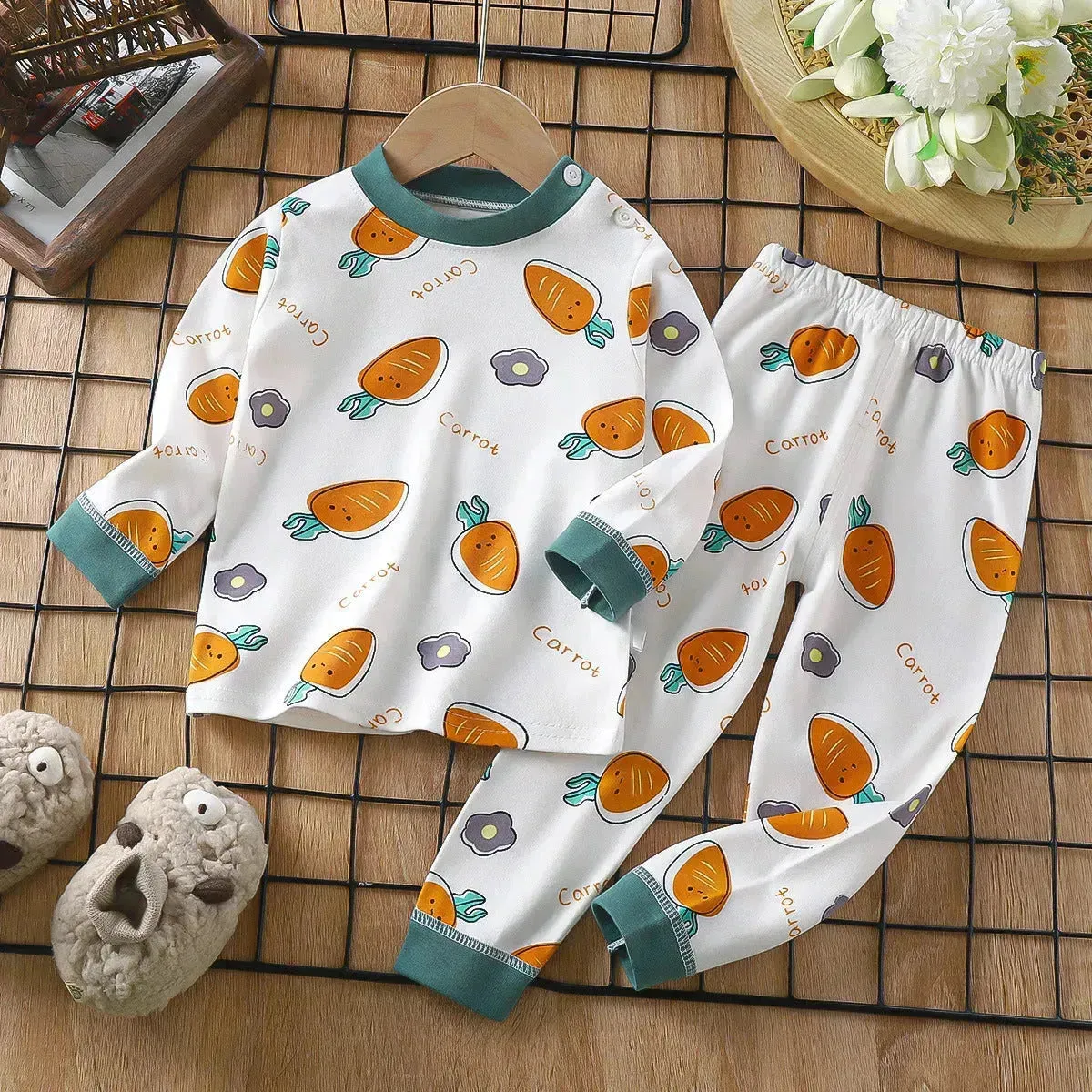 Unisex Children's Two piece Sleepwear Cotton Autumn Clothes Long Johns Pajamas for Kids