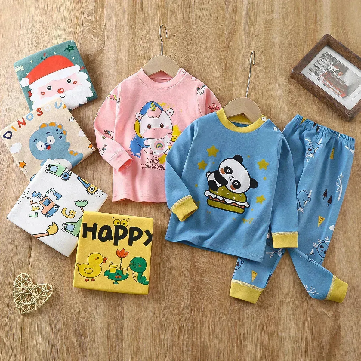 Unisex Children's Two piece Sleepwear Cotton Autumn Clothes Long Johns Pajamas for Kids