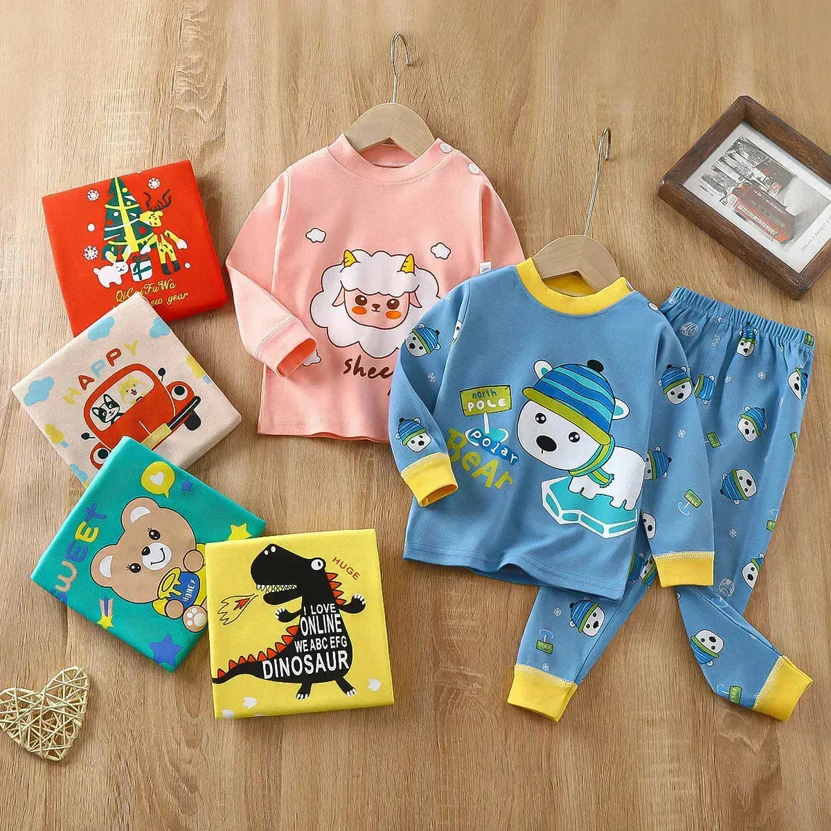 Unisex Children's Two piece Sleepwear Cotton Autumn Clothes Long Johns Pajamas for Kids