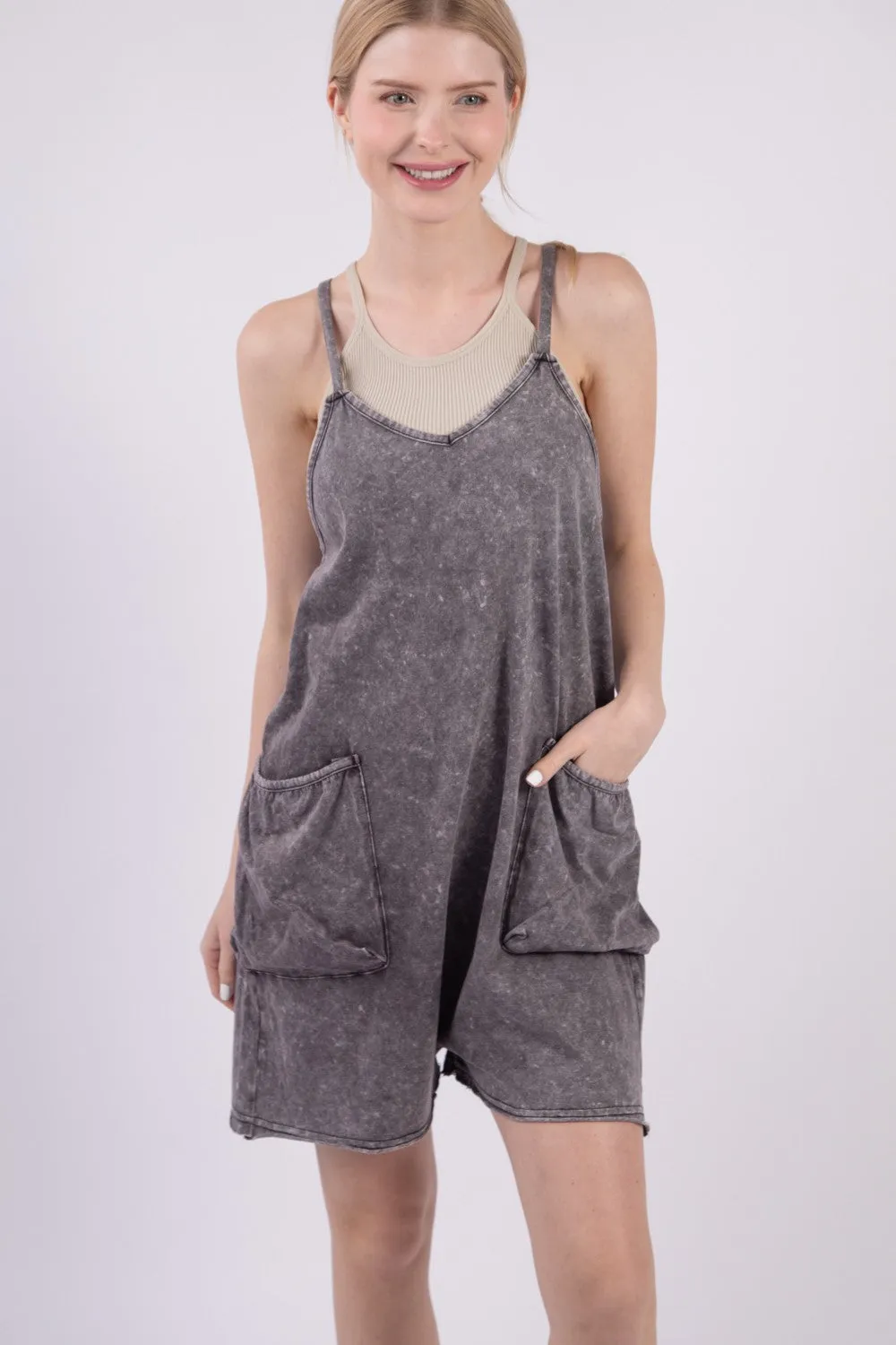 V-Neck Sleeveless Washed Romper