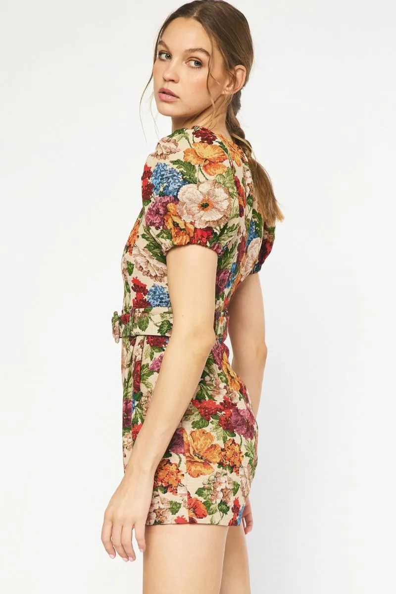 Valentina Floral Puff Sleeve Romper Taupe