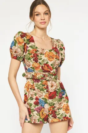 Valentina Floral Puff Sleeve Romper Taupe