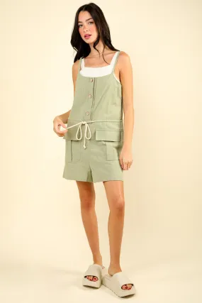 VERY J Half Button Drawstring Sleeveless Romper