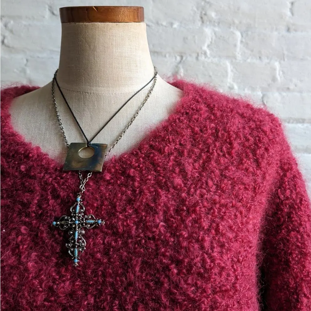 Vintage Hot Pink Mohair Wool Fuzzy Grandpa Sweater Shaggy Grunge Oversize Top