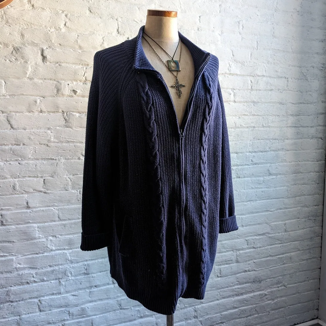 Vintage Navy Chunky Cable Knit Cardigan Minimalist Coastal Granny Sweater Top