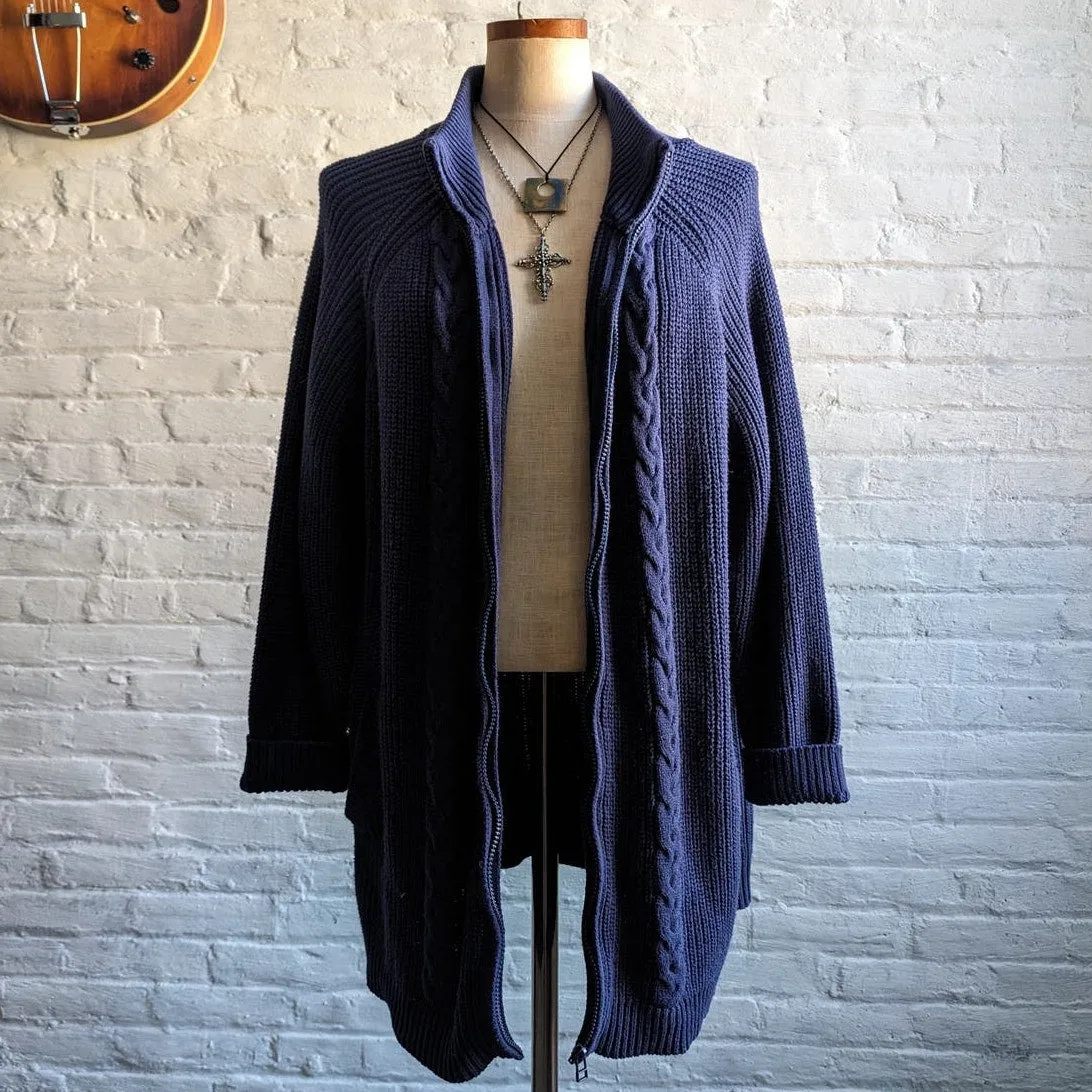 Vintage Navy Chunky Cable Knit Cardigan Minimalist Coastal Granny Sweater Top