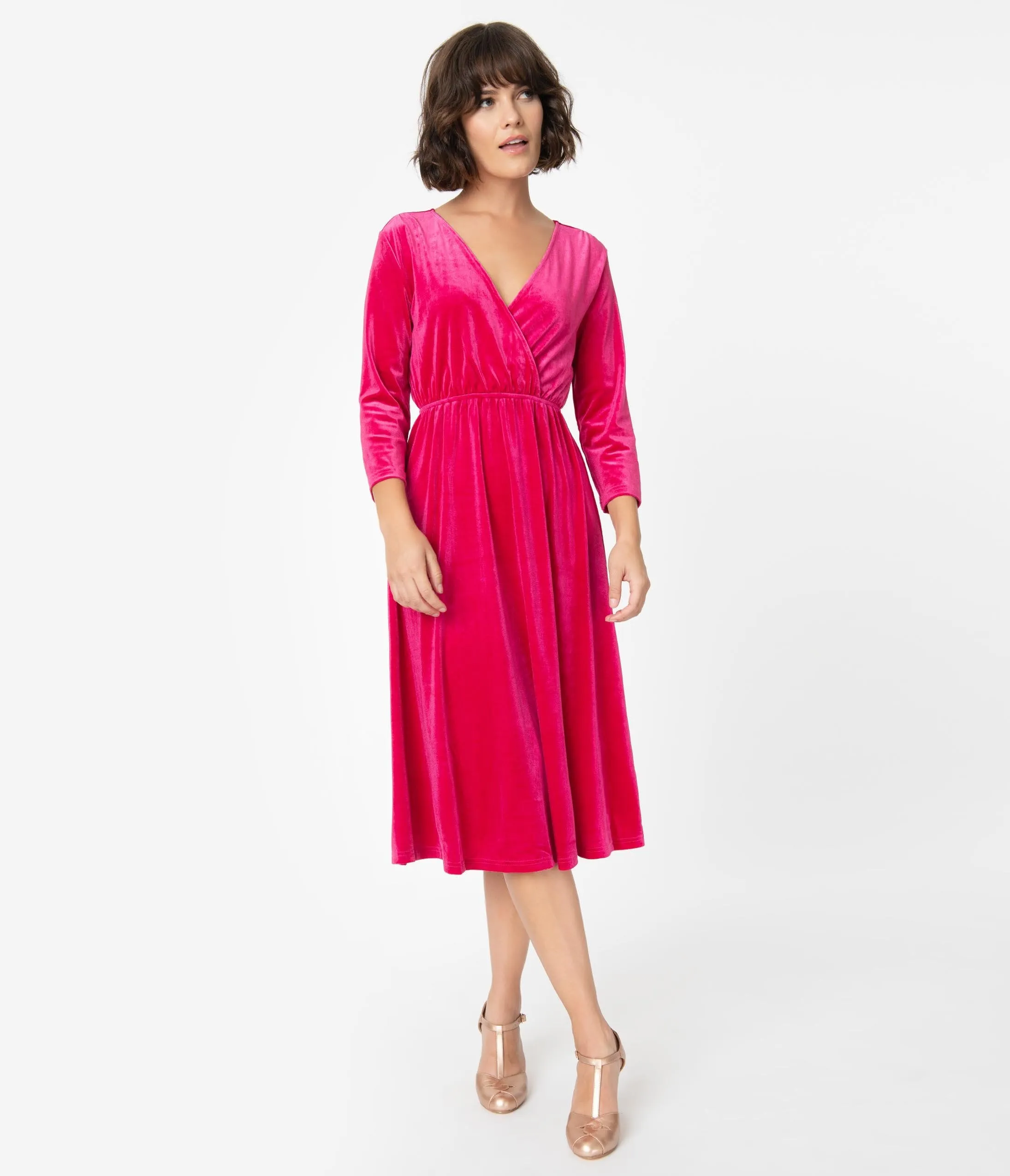 Vintage Style Fuchsia Pink Velvet Sleeved Midi Dress