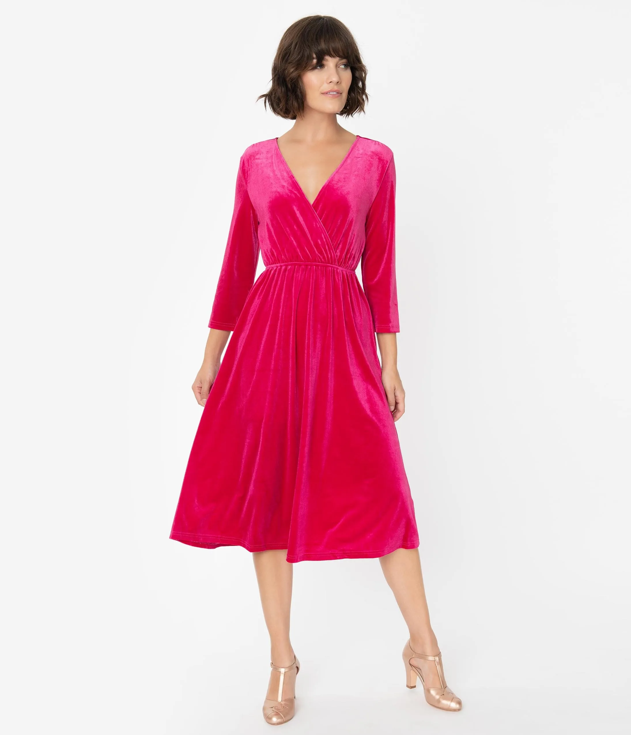 Vintage Style Fuchsia Pink Velvet Sleeved Midi Dress