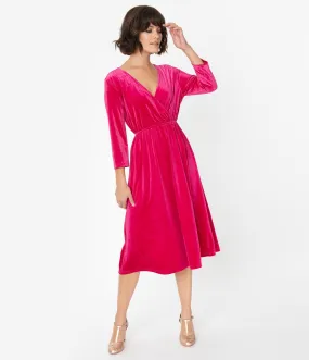 Vintage Style Fuchsia Pink Velvet Sleeved Midi Dress