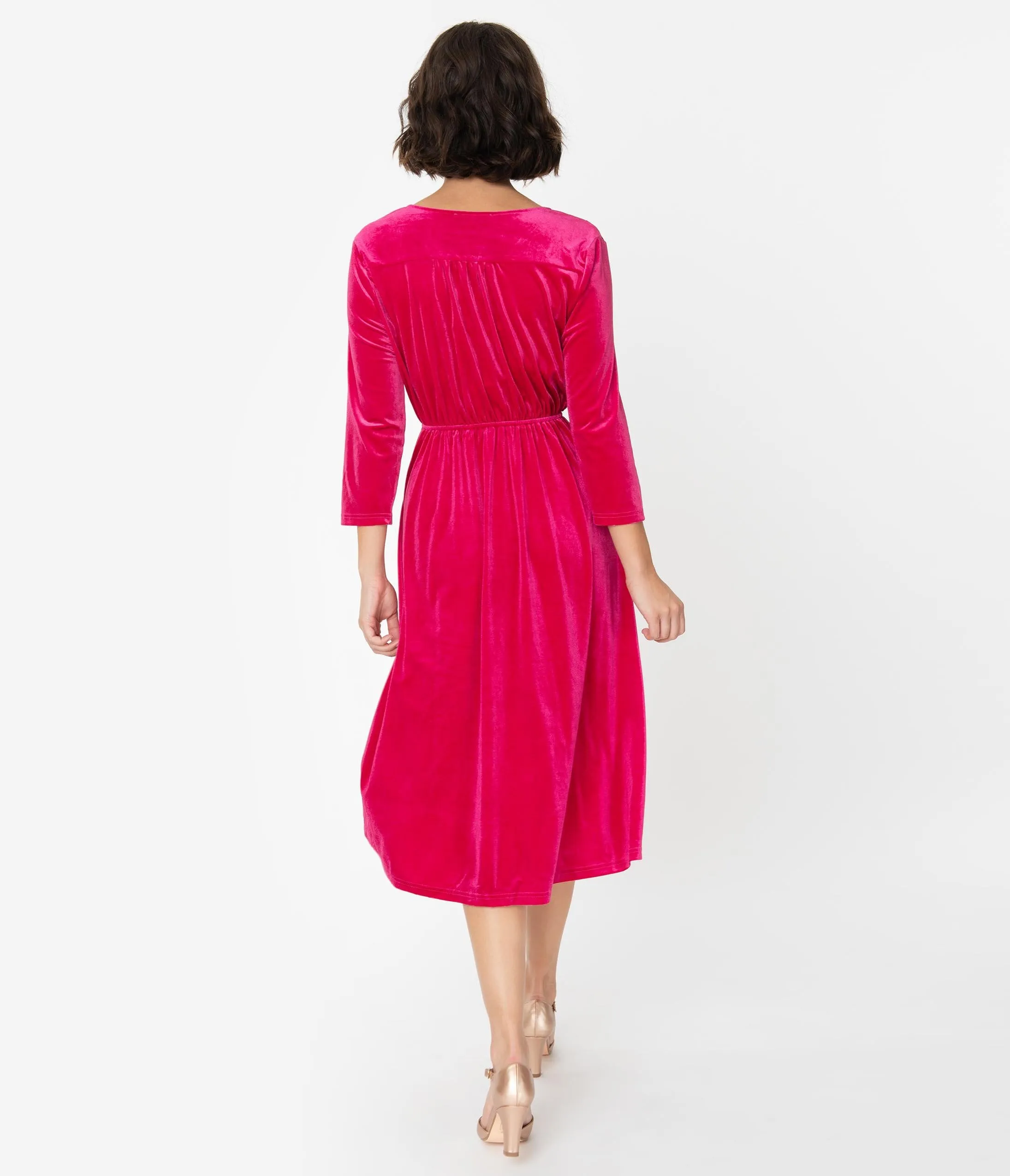 Vintage Style Fuchsia Pink Velvet Sleeved Midi Dress