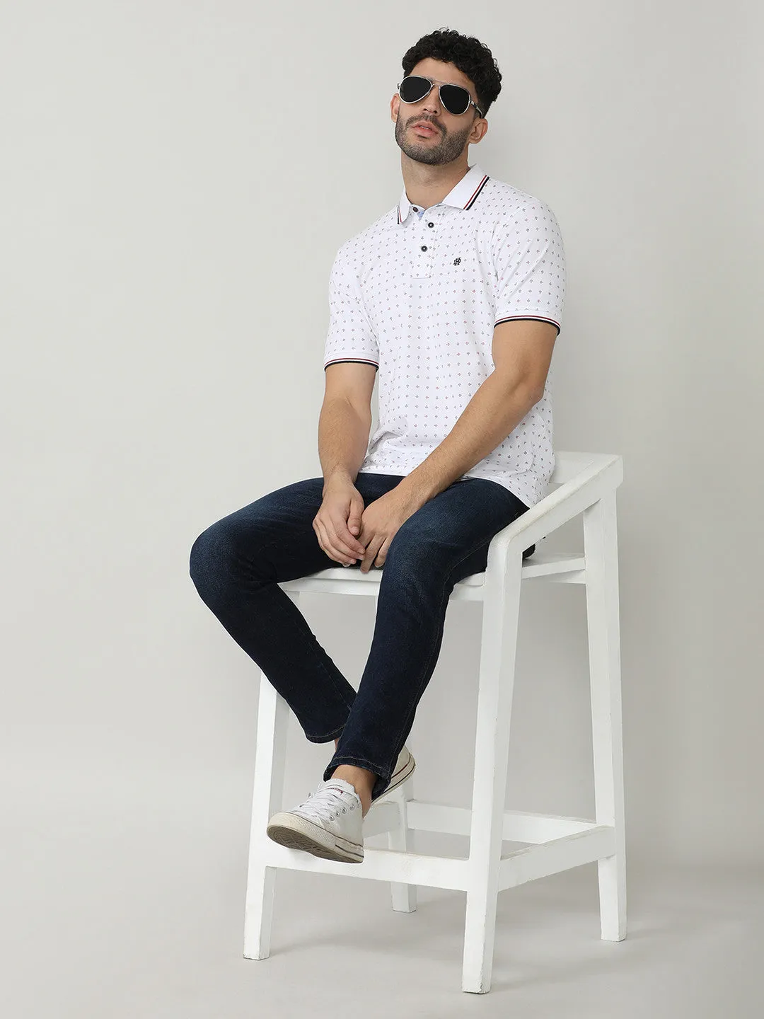 White Pique Lycra Printed Polo T-shirt With Tipping Collar