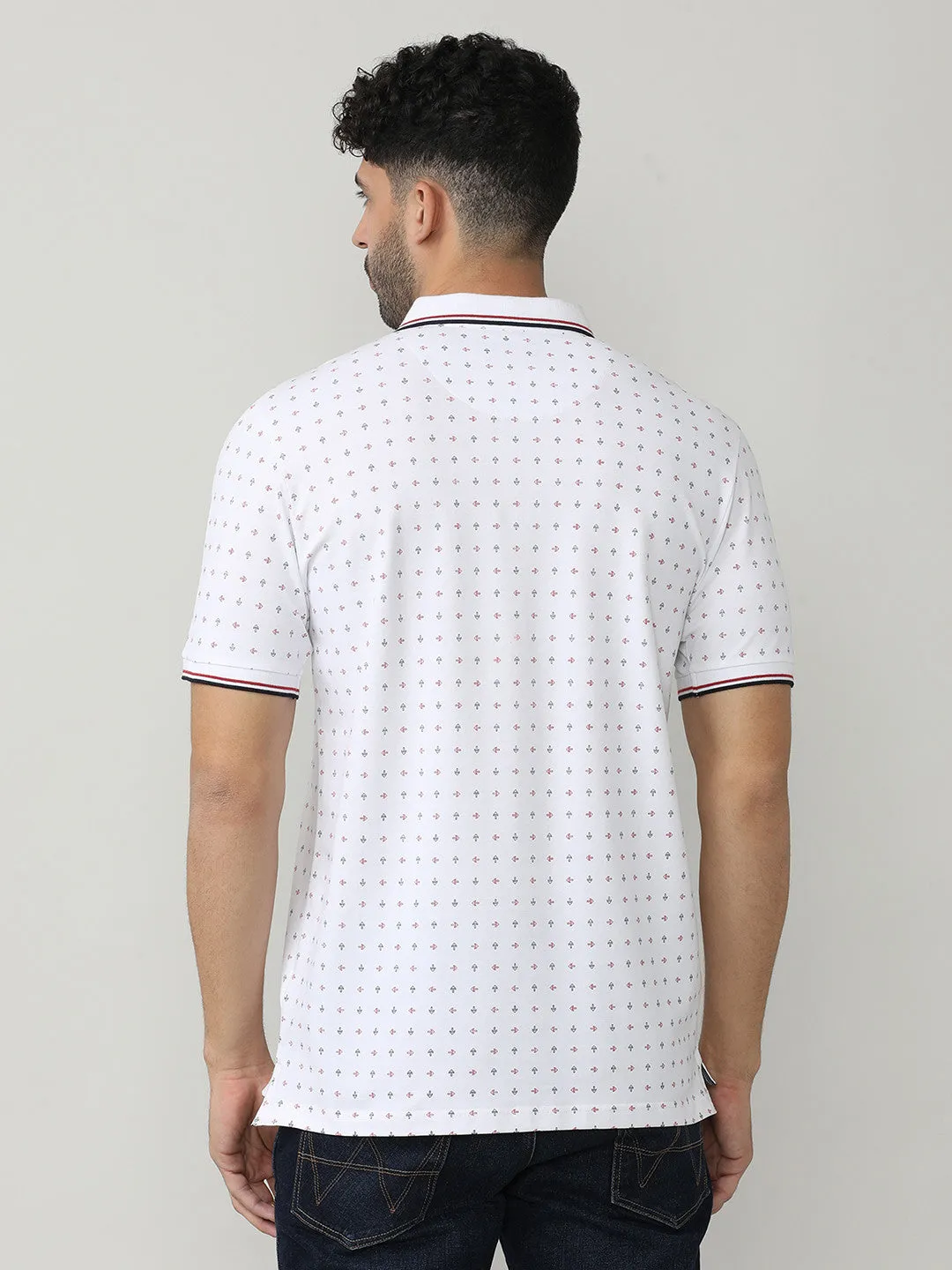 White Pique Lycra Printed Polo T-shirt With Tipping Collar