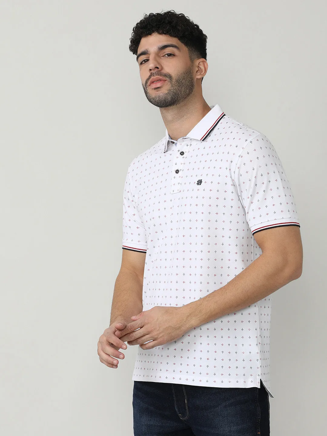 White Pique Lycra Printed Polo T-shirt With Tipping Collar