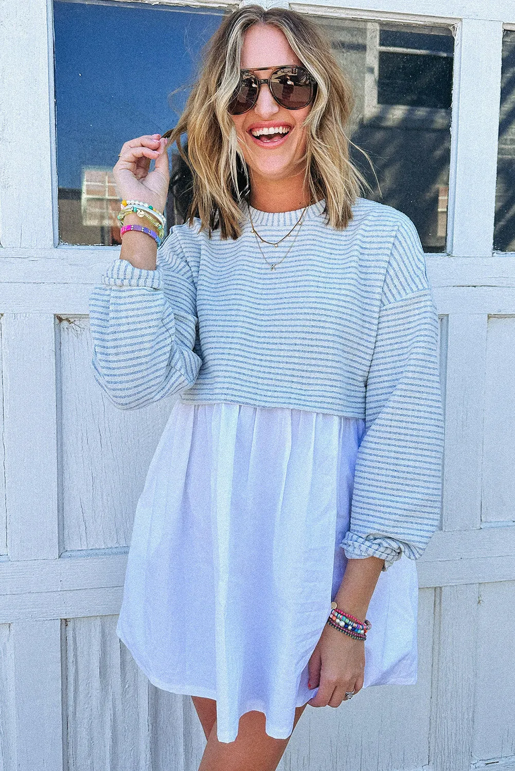 Whitney Blue Stripe Pleated High Waist Loose Mini Dress