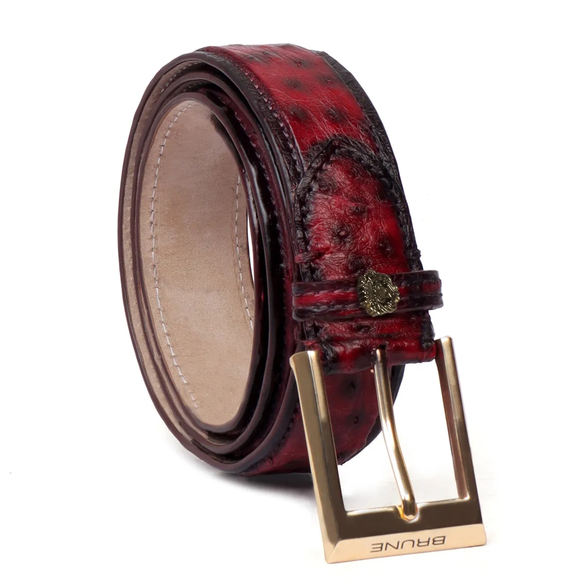 Wine Authentic Ostrich Leather Belt with Golden Square Buckle