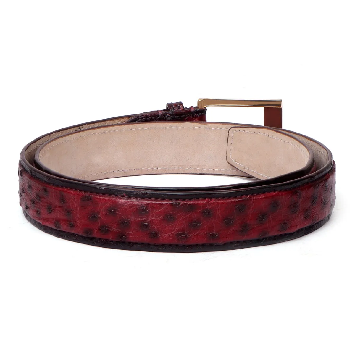 Wine Authentic Ostrich Leather Belt with Golden Square Buckle